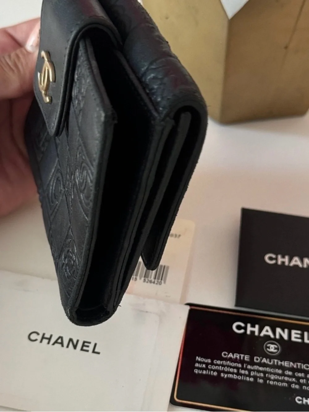 CHANEL Black Quilted Embossed Leather Small Wallet with Gold CC Snap